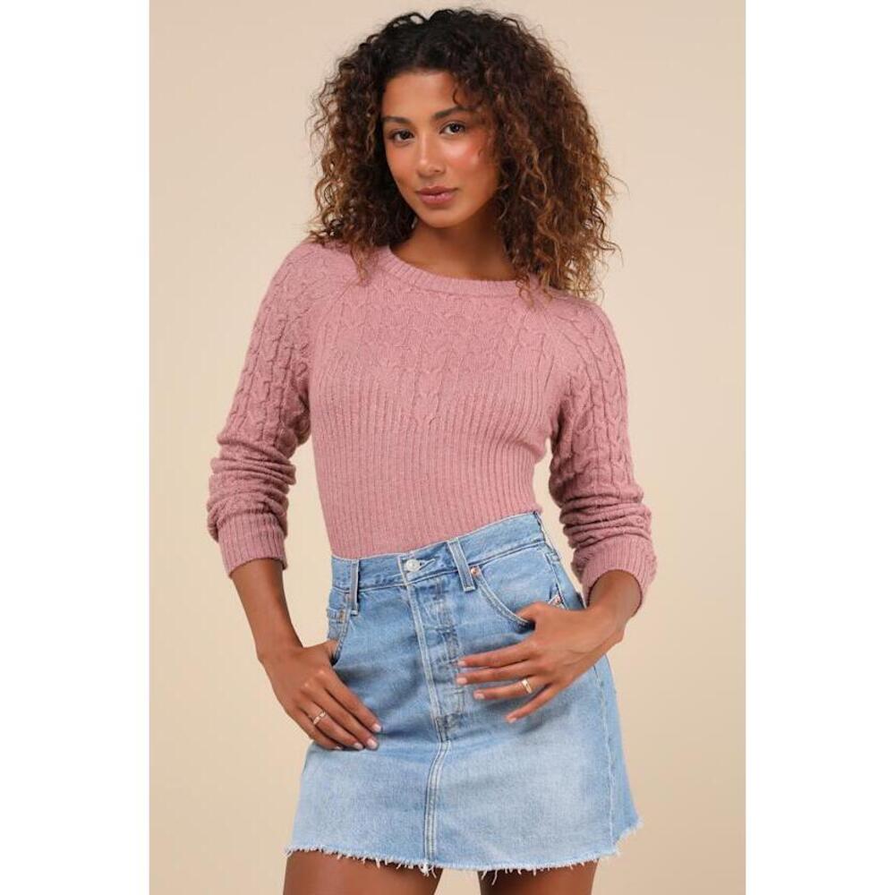 Lulus Cozy Aim Mauve Pink Cable Knit Ribbed Sweater Top - Size S